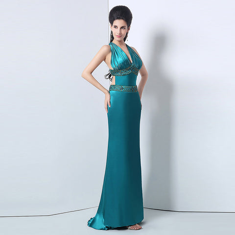 Elegant Halter Deep - V Neck Emerald Green Evening Dress,SD172