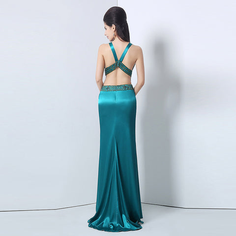 Elegant Halter Deep - V Neck Emerald Green Evening Dress,SD172