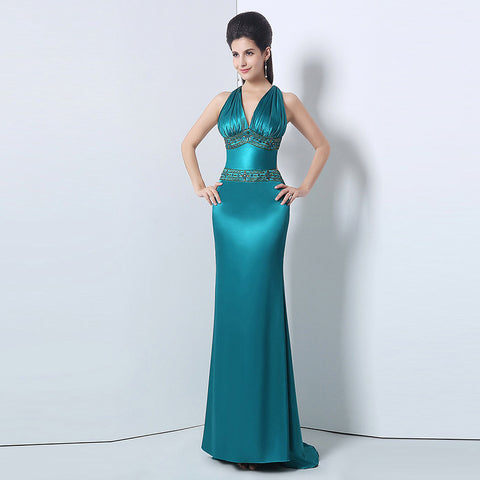 Elegant Halter Deep - V Neck Emerald Green Evening Dress,SD172