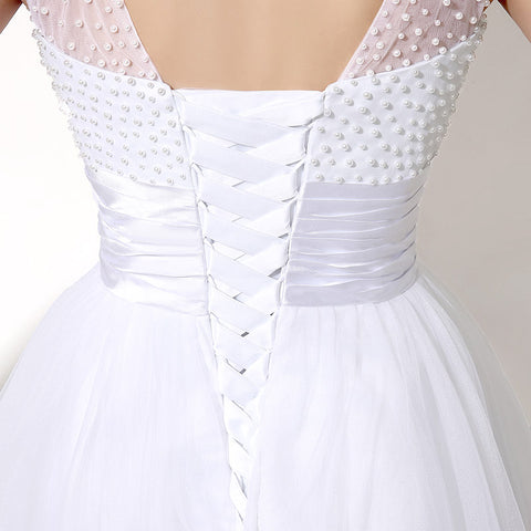 Elegant Sleeveless White Embellished Tulle Prom Dress, SD180