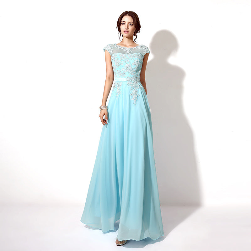 Exquisite Light Blue Evening Gown with Beaded Embroidery and Short Sleeves Prom Dress,SD181