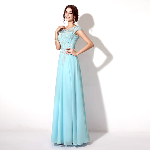 Exquisite Light Blue Evening Gown with Beaded Embroidery and Short Sleeves Prom Dress,SD181