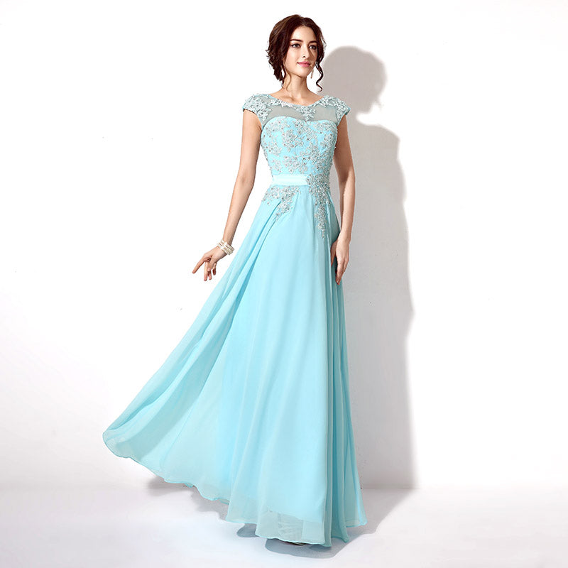 Exquisite Light Blue Evening Gown with Beaded Embroidery and Short Sleeves Prom Dress,SD181