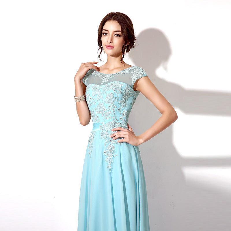 Exquisite Light Blue Evening Gown with Beaded Embroidery and Short Sleeves Prom Dress,SD181