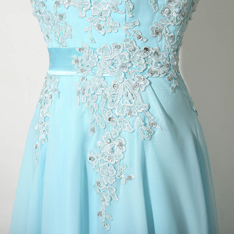 Exquisite Light Blue Evening Gown with Beaded Embroidery and Short Sleeves Prom Dress,SD181