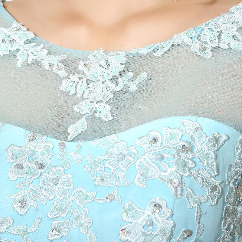 Exquisite Light Blue Evening Gown with Beaded Embroidery and Short Sleeves Prom Dress,SD181