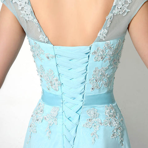 Exquisite Light Blue Evening Gown with Beaded Embroidery and Short Sleeves Prom Dress,SD181