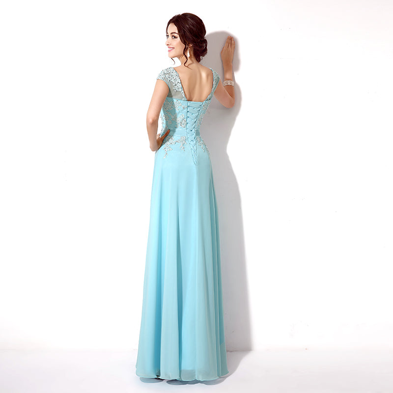 Exquisite Light Blue Evening Gown with Beaded Embroidery and Short Sleeves Prom Dress,SD181