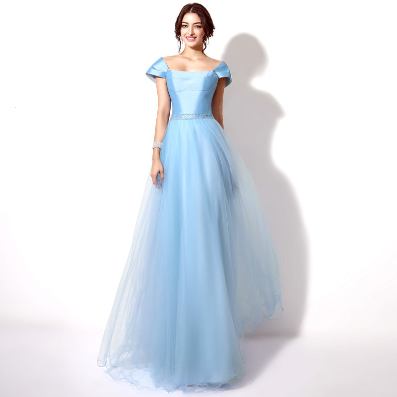 Elegant Off - Shoulder Light Blue Tulle Evening Gown Prom Dress,SD185