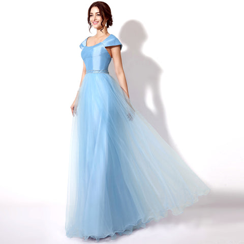 Elegant Off - Shoulder Light Blue Tulle Evening Gown Prom Dress,SD185
