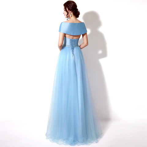 Elegant Off - Shoulder Light Blue Tulle Evening Gown Prom Dress,SD185