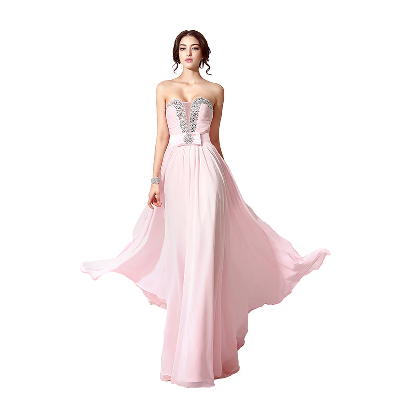 Elegant Pink Strapless Evening Gown with Embellished Bodice and Asymmetric Prom Dress, SD195