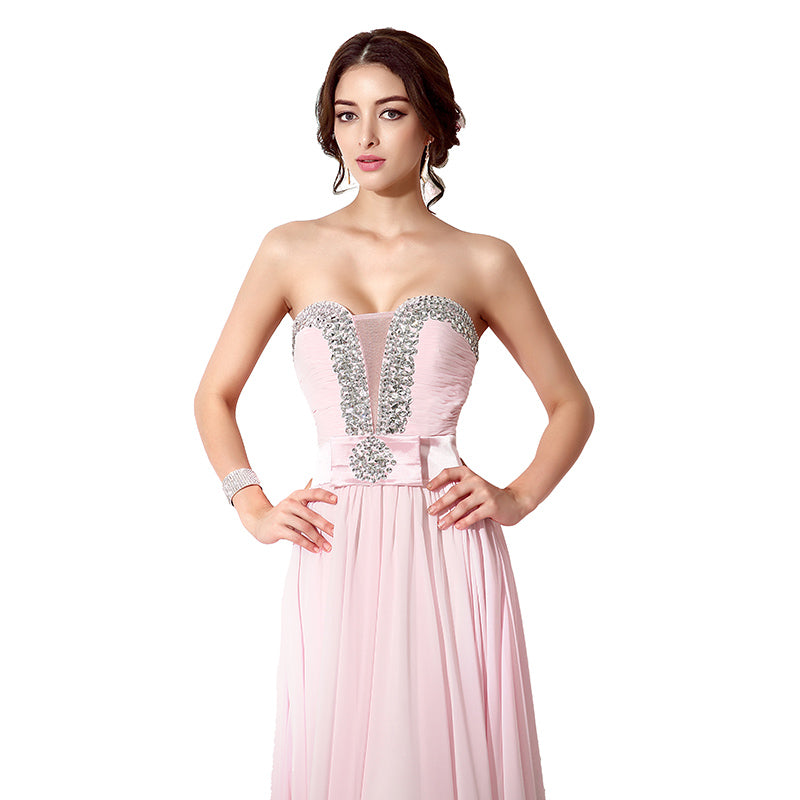 Elegant Pink Strapless Evening Gown with Embellished Bodice and Asymmetric Prom Dress, SD195
