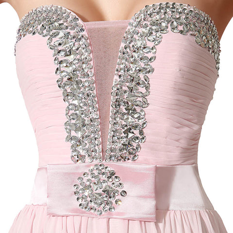 Elegant Pink Strapless Evening Gown with Embellished Bodice and Asymmetric Prom Dress, SD195