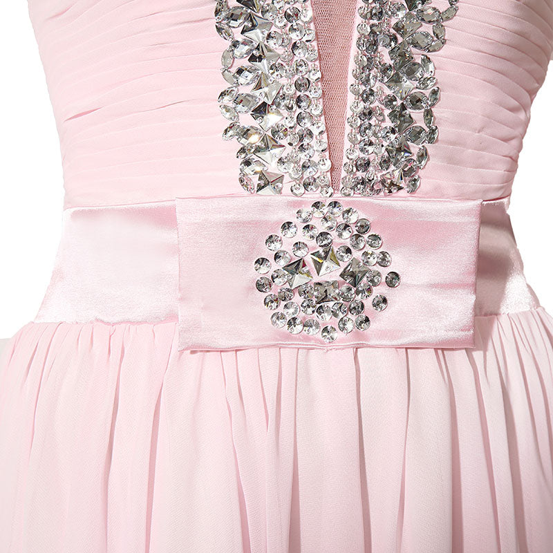 Elegant Pink Strapless Evening Gown with Embellished Bodice and Asymmetric Prom Dress, SD195