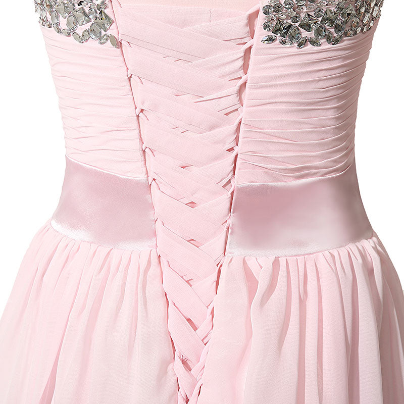 Elegant Pink Strapless Evening Gown with Embellished Bodice and Asymmetric Prom Dress, SD195