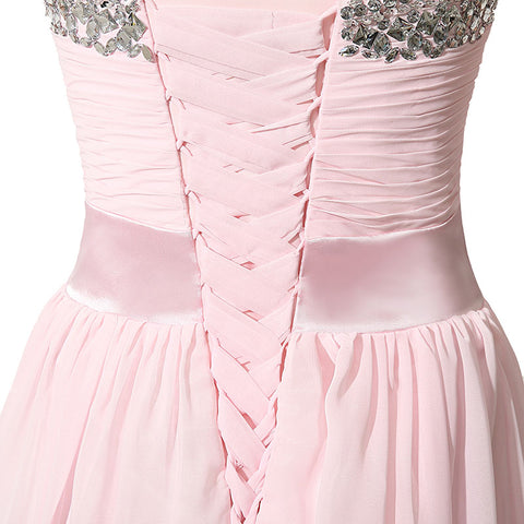 Elegant Pink Strapless Evening Gown with Embellished Bodice and Asymmetric Prom Dress, SD195