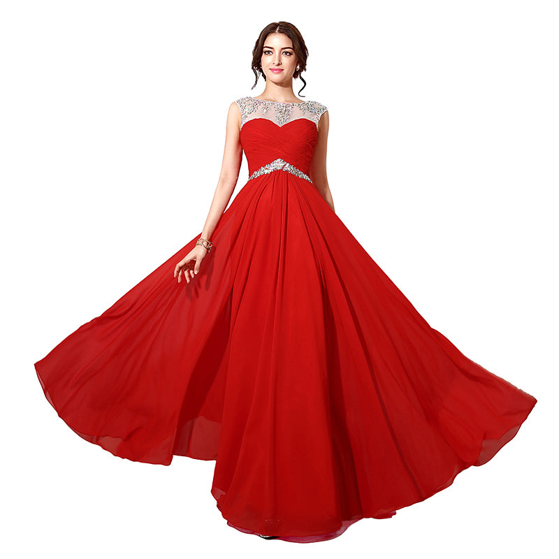Glamorous Sleeveless Red Long - length Evening Gown with Embellished Bodice Prom Dress, SD196