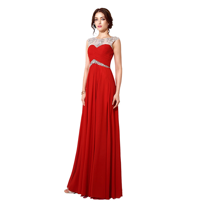 Glamorous Sleeveless Red Long - length Evening Gown with Embellished Bodice Prom Dress, SD196
