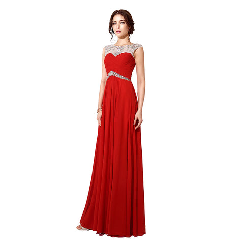 Glamorous Sleeveless Red Long - length Evening Gown with Embellished Bodice Prom Dress, SD196