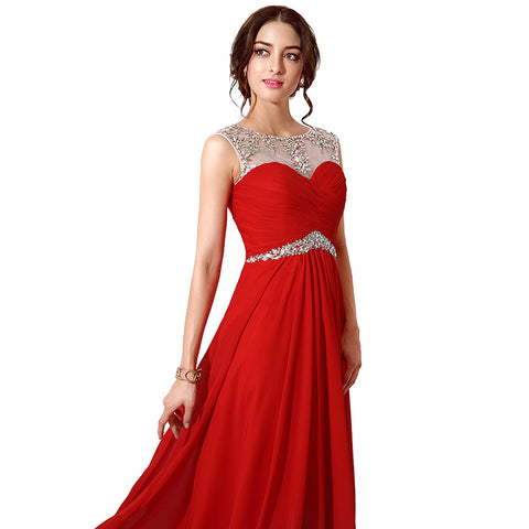 Glamorous Sleeveless Red Long - length Evening Gown with Embellished Bodice Prom Dress, SD196