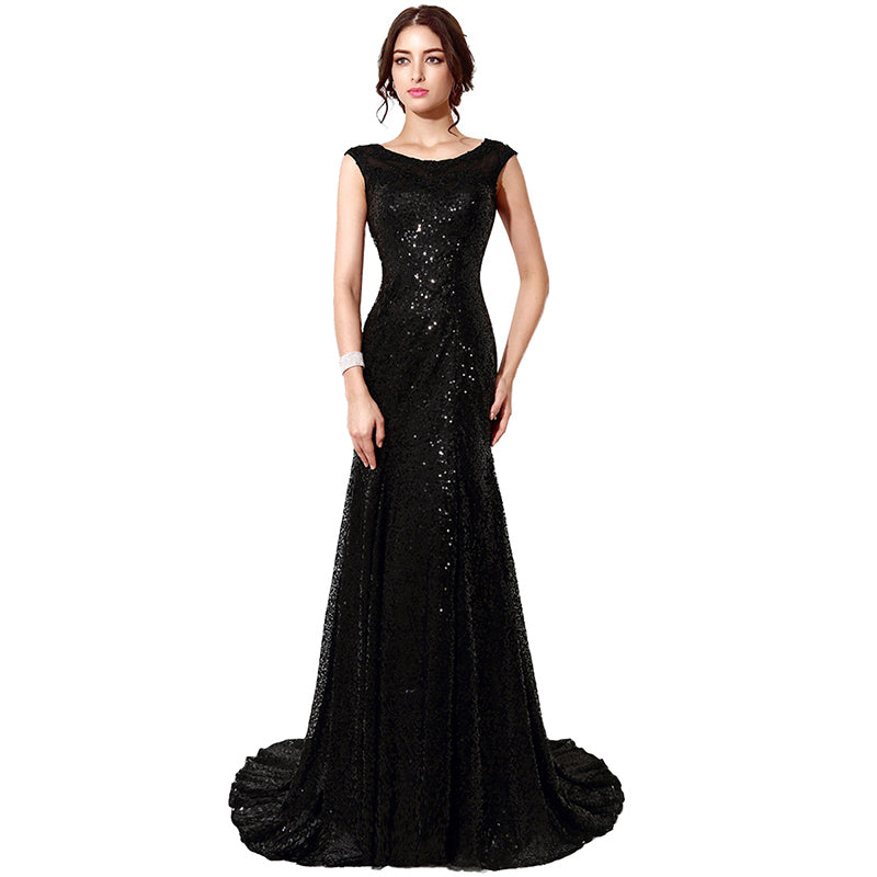 Elegant Sleeveless Black Sequin Mermaid Evening Gown Prom Dress, SD197