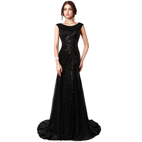 Elegant Sleeveless Black Sequin Mermaid Evening Gown Prom Dress, SD197