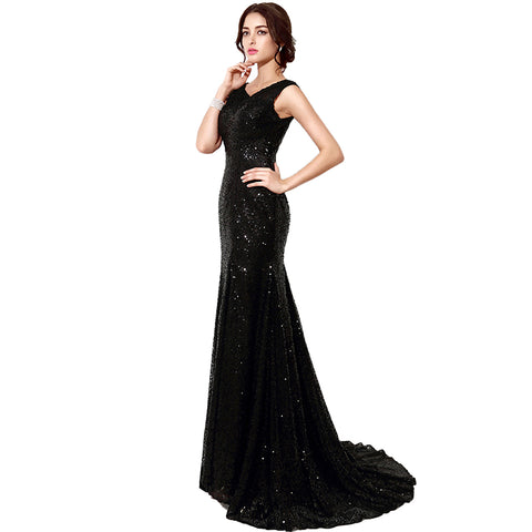 Elegant Sleeveless Black Sequin Mermaid Evening Gown Prom Dress, SD197