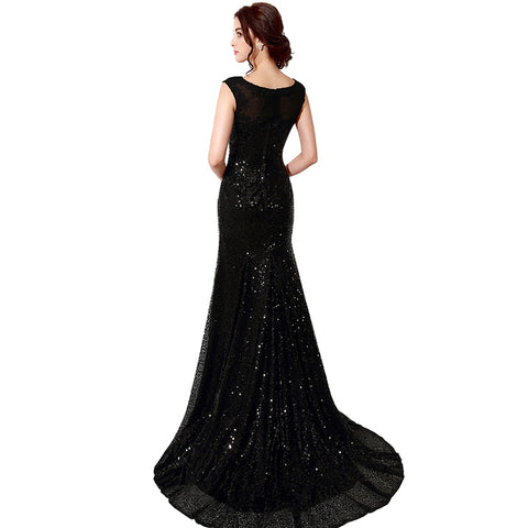 Elegant Sleeveless Black Sequin Mermaid Evening Gown Prom Dress, SD197