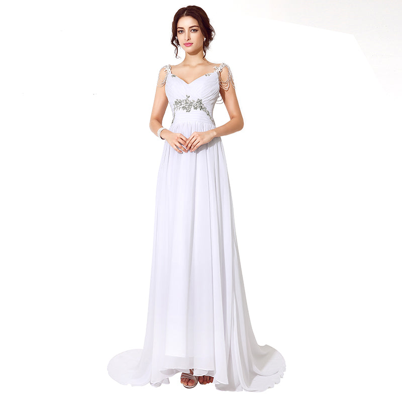 Elegant White V - Neck Long Evening Gown with Chain - Embellished Straps and Waist Embroidery Prom Dress, SD200