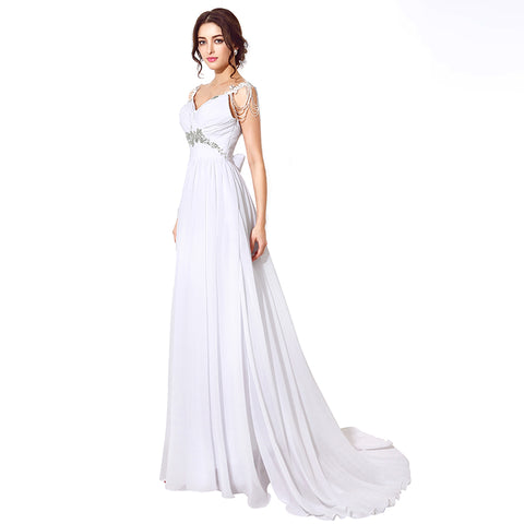 Elegant White V - Neck Long Evening Gown with Chain - Embellished Straps and Waist Embroidery Prom Dress, SD200