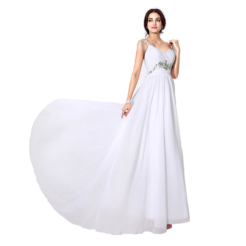 Elegant White V - Neck Long Evening Gown with Chain - Embellished Straps and Waist Embroidery Prom Dress, SD200