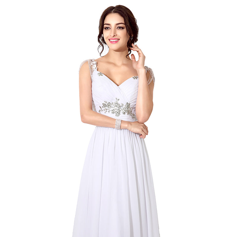 Elegant White V - Neck Long Evening Gown with Chain - Embellished Straps and Waist Embroidery Prom Dress, SD200