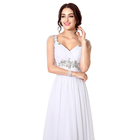 Elegant White V - Neck Long Evening Gown with Chain - Embellished Straps and Waist Embroidery Prom Dress, SD200