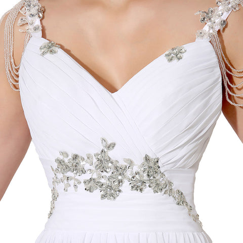 Elegant White V - Neck Long Evening Gown with Chain - Embellished Straps and Waist Embroidery Prom Dress, SD200