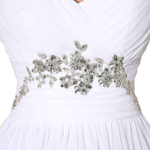 Elegant White V - Neck Long Evening Gown with Chain - Embellished Straps and Waist Embroidery Prom Dress, SD200
