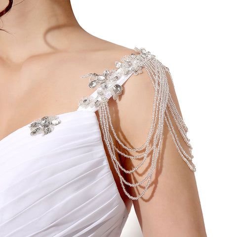 Elegant White V - Neck Long Evening Gown with Chain - Embellished Straps and Waist Embroidery Prom Dress, SD200