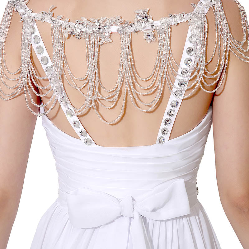 Elegant White V - Neck Long Evening Gown with Chain - Embellished Straps and Waist Embroidery Prom Dress, SD200