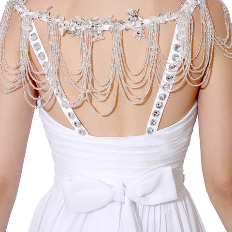 Elegant White V - Neck Long Evening Gown with Chain - Embellished Straps and Waist Embroidery Prom Dress, SD200