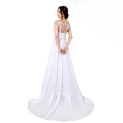 Elegant White V - Neck Long Evening Gown with Chain - Embellished Straps and Waist Embroidery Prom Dress, SD200