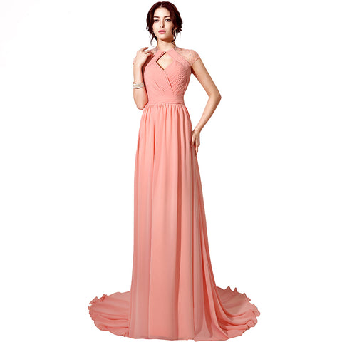 Elegant Halter Neck Light Pink Long Evening Gown with Mesh Sleeves and Train Prom Dress, SD201