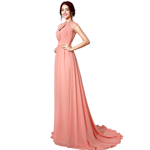 Elegant Halter Neck Light Pink Long Evening Gown with Mesh Sleeves and Train Prom Dress, SD201