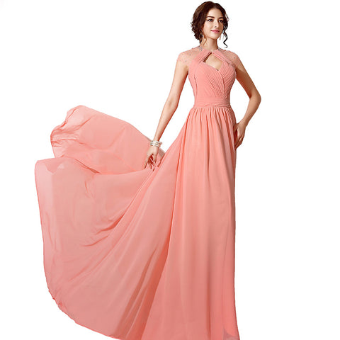 Elegant Halter Neck Light Pink Long Evening Gown with Mesh Sleeves and Train Prom Dress, SD201