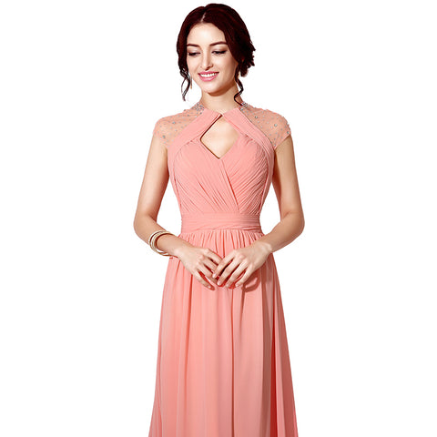 Elegant Halter Neck Light Pink Long Evening Gown with Mesh Sleeves and Train Prom Dress, SD201