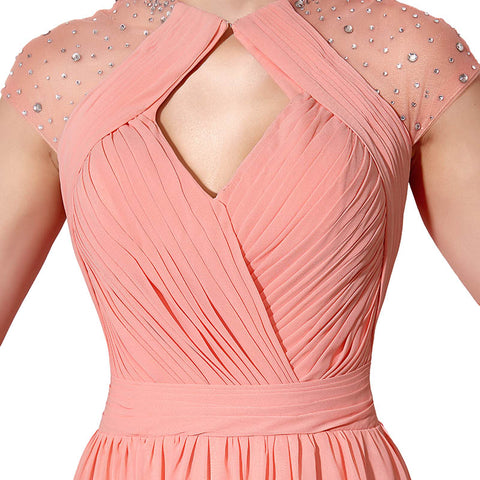 Elegant Halter Neck Light Pink Long Evening Gown with Mesh Sleeves and Train Prom Dress, SD201