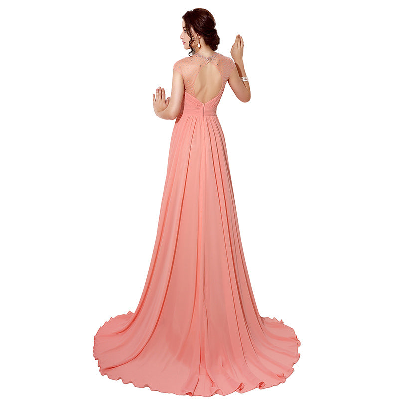Elegant Halter Neck Light Pink Long Evening Gown with Mesh Sleeves and Train Prom Dress, SD201