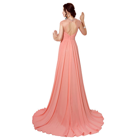 Elegant Halter Neck Light Pink Long Evening Gown with Mesh Sleeves and Train Prom Dress, SD201