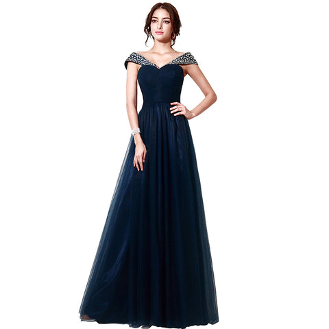 Glamorous Off - Shoulder Navy Blue Tulle Evening Gown with Embellished Neckline Prom Dress, SD204