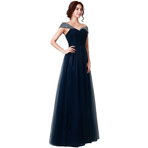 Glamorous Off - Shoulder Navy Blue Tulle Evening Gown with Embellished Neckline Prom Dress, SD204