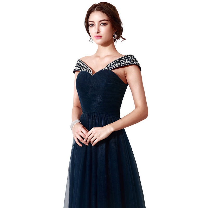Glamorous Off - Shoulder Navy Blue Tulle Evening Gown with Embellished Neckline Prom Dress, SD204